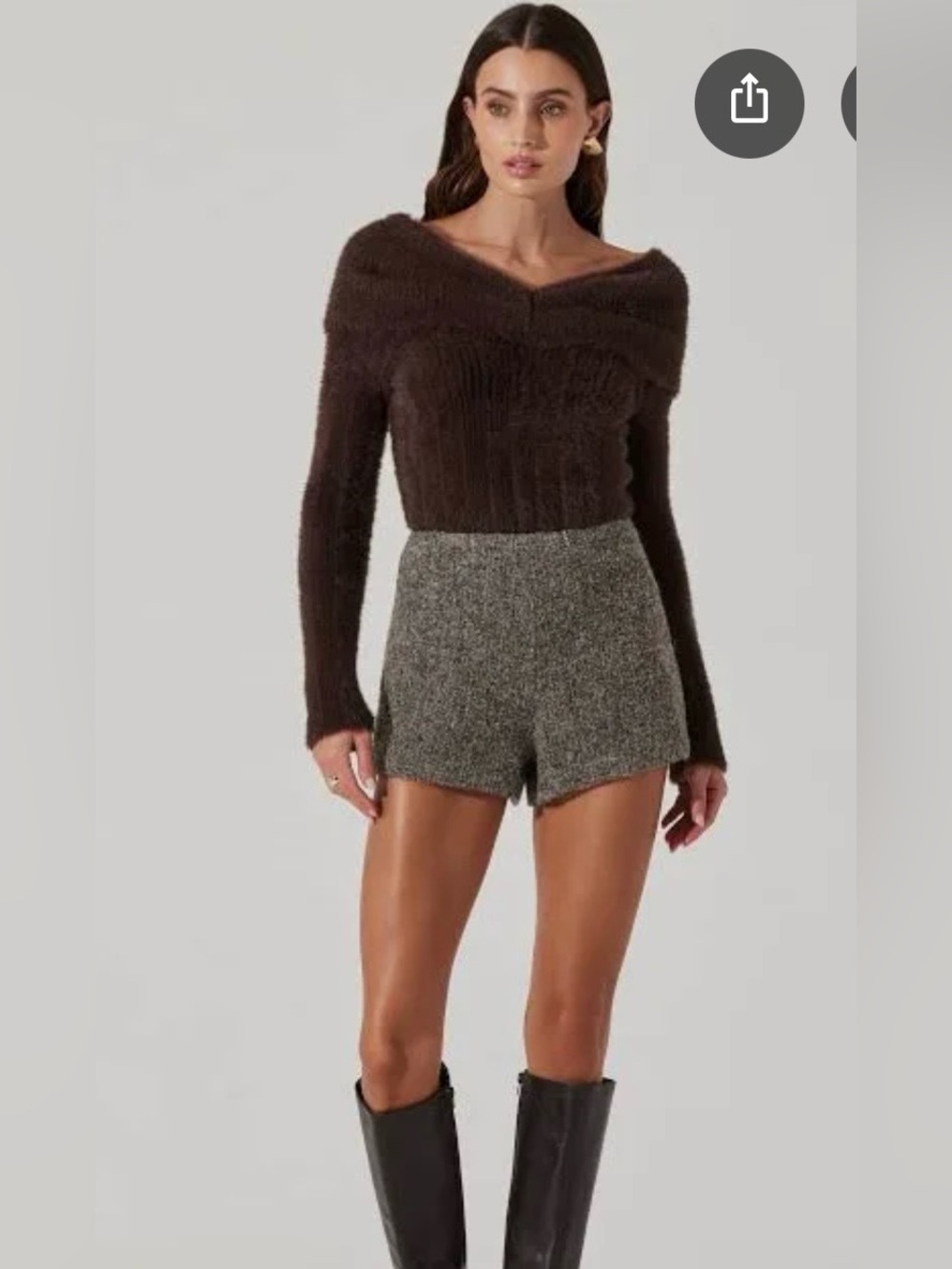 Astr Brown Off-Shoulder Fuzzy Knit Top